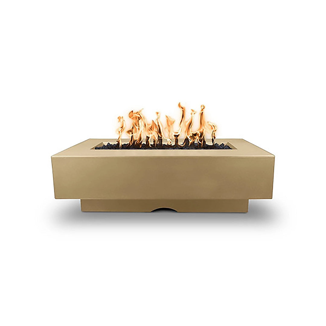 The Outdoor Plus 60-inch Del Mar Concrete Gas Fire Pit in brown color, offering a modern, minimalist design with a rectangular shape. Gas-powered flames create a cozy atmosphere, while the sturdy brown concrete finish ensures durability for all-weather outdoor use.