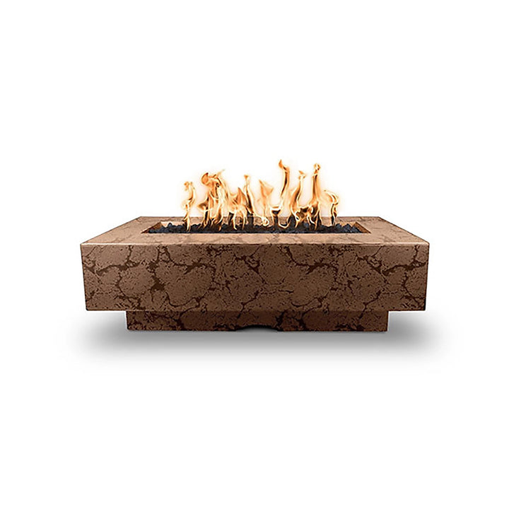 The Outdoor Plus 60-inch Del Mar Concrete Gas Fire Pit in coffee color, a stylish addition to any patio with its sleek, modern design and gas-fueled flames. Durable concrete construction with a coffee finish, enhancing the outdoor gathering experience.