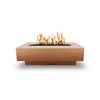 The Outdoor Plus 60-inch Del Mar Concrete Gas Fire Pit in copper color, designed for elegance and functionality. Gas flames create a welcoming atmosphere, while the copper concrete finish adds a sophisticated touch to outdoor spaces