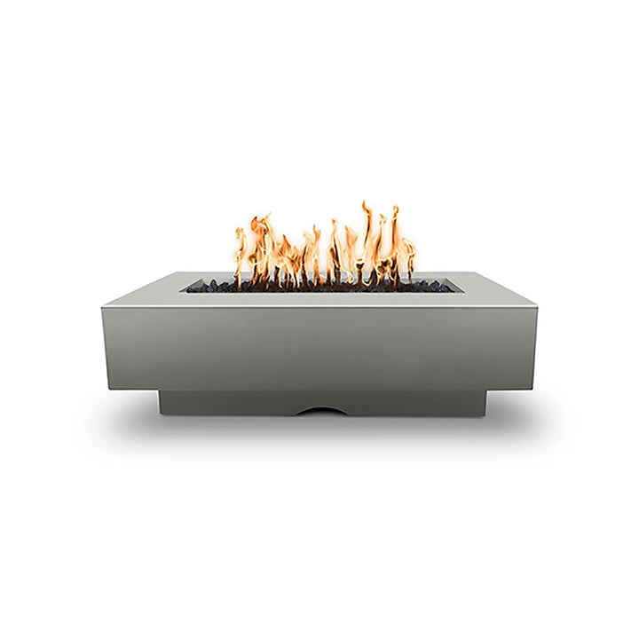 The Outdoor Plus 60-inch Del Mar Concrete Gas Fire Pit in Silver, a stylish and durable addition to any outdoor space. Its minimalist design and silver finish enhance the ambiance while providing warmth and elegance.