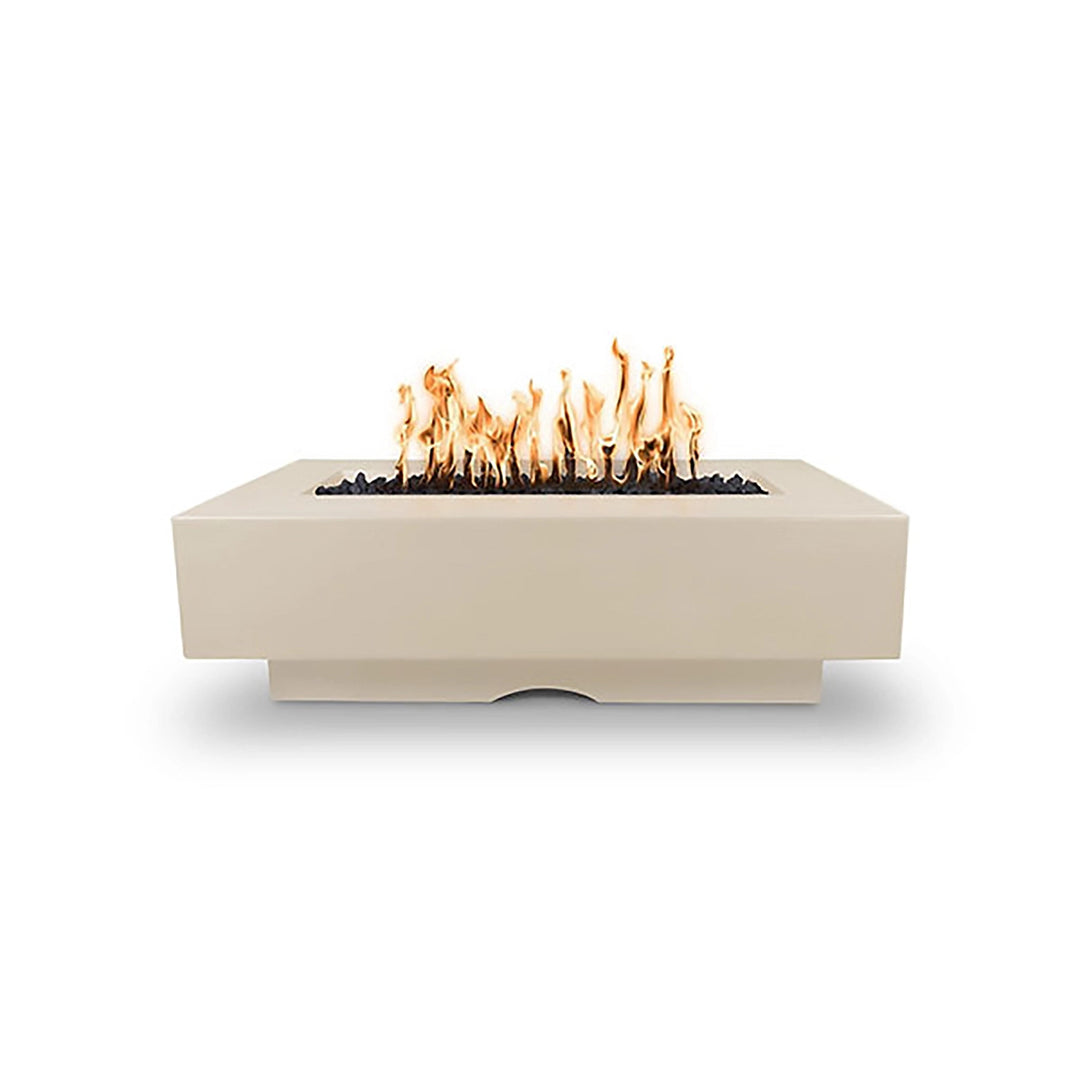 The Outdoor Plus 60-inch Del Mar Concrete Gas Fire Pit in Vanilla, featuring a refined and modern look. Ideal for elevating outdoor decor with its minimalist design and quality concrete construction.