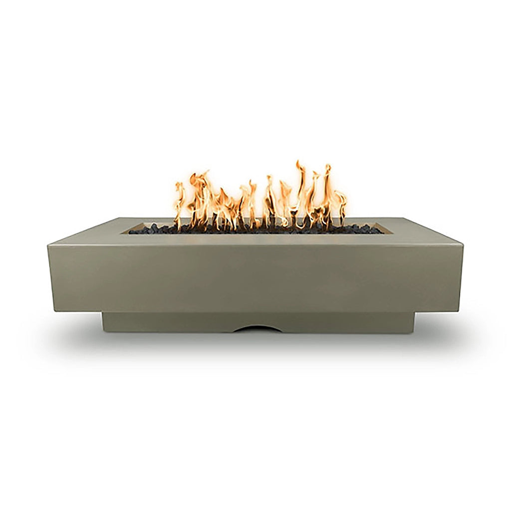 he Outdoor Plus 72" Del Mar Concrete Gas Fire Pit in ash color, showcasing a modern rectangular design with a centered flame bed, perfect for contemporary outdoor settings. Ideal for natural gas and propane configurations, providing both warmth and ambiance for patio gatherings.