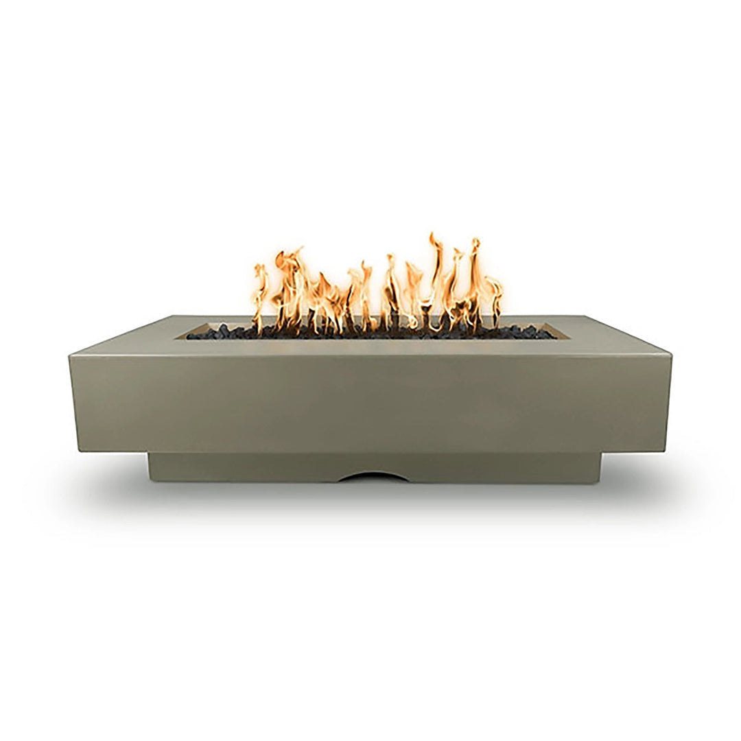 he Outdoor Plus 72" Del Mar Concrete Gas Fire Pit in ash color, showcasing a modern rectangular design with a centered flame bed, perfect for contemporary outdoor settings. Ideal for natural gas and propane configurations, providing both warmth and ambiance for patio gatherings.