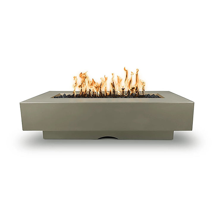 he Outdoor Plus 72" Del Mar Concrete Gas Fire Pit in ash color, showcasing a modern rectangular design with a centered flame bed, perfect for contemporary outdoor settings. Ideal for natural gas and propane configurations, providing both warmth and ambiance for patio gatherings.