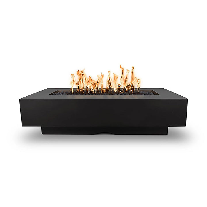 Sleek and sophisticated, The Outdoor Plus 72" Del Mar Concrete Gas Fire Pit in black offers a bold aesthetic with an even flame distribution across the top. This fire pit is crafted for luxurious backyard fire features and enhances modern outdoor decor.