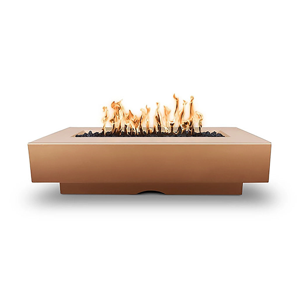 The Outdoor Plus 72" Del Mar Concrete Gas Fire Pit in copper, showcasing a striking metallic hue that adds elegance to outdoor settings. This large fire pit is ideal for luxurious backyards, offering a powerful and steady flame display for gatherings.
