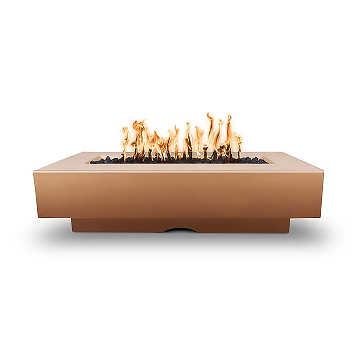 The Outdoor Plus 72" Del Mar Concrete Gas Fire Pit in copper, showcasing a striking metallic hue that adds elegance to outdoor settings. This large fire pit is ideal for luxurious backyards, offering a powerful and steady flame display for gatherings.