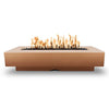 The Outdoor Plus 84” Del Mar concrete gas fire pit in copper, boasting a rectangular design and natural tones. Ideal for outdoor entertaining, this fire pit combines elegance with durable craftsmanship for patios and backyards.