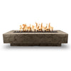 The Outdoor Plus 84" Del Mar Concrete Gas Fire Pit in Moss Stone. A sleek rectangular fire pit with vibrant flames, perfect for outdoor luxury spaces. Crafted with durable concrete and a smooth moss stone finish, ideal for patios or backyard settings.