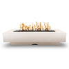 The Outdoor Plus 84" Del Mar Concrete Gas Fire Pit in Pearl. A rectangular fire pit designed for outdoor comfort, offering a minimalist style with bold flames for sophisticated spaces.