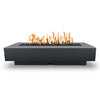The Outdoor Plus 84" Del Mar Concrete Gas Fire Pit in Slate. Sophisticated fire pit with a dark gray finish, a modern rectangular shape, and bold flames for outdoor elegance.