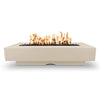 The Outdoor Plus 84" Del Mar Concrete Gas Fire Pit in Vanilla. Elegant light-toned fire pit with modern design and vivid flames, ideal for luxury outdoor settings.