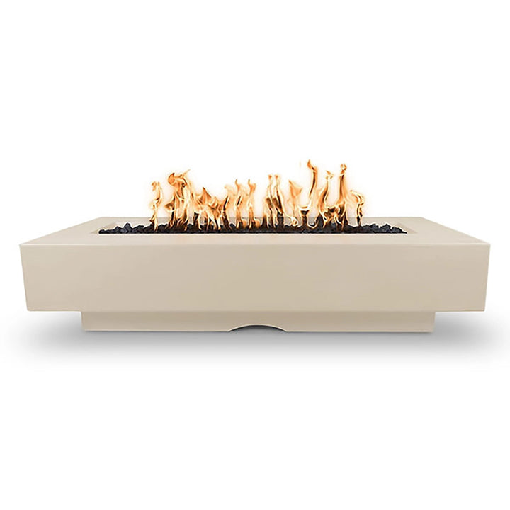 The Outdoor Plus 84" Del Mar Concrete Gas Fire Pit in Vanilla. Elegant light-toned fire pit with modern design and vivid flames, ideal for luxury outdoor settings.