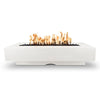 The Outdoor Plus 84" Del Mar Concrete Gas Fire Pit in White Limestone. Durable rectangular fire pit with a smooth finish and radiant flames, perfect for any modern patio or garden.