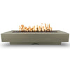 A sleek and contemporary Outdoor Plus 96" Del Mar Concrete Gas Fire Pit in Ash color. The rectangular design features clean lines, a flat top surface, and a wide flame trough filled with lava rocks, making it a sophisticated centerpiece for any outdoor patio or garden.