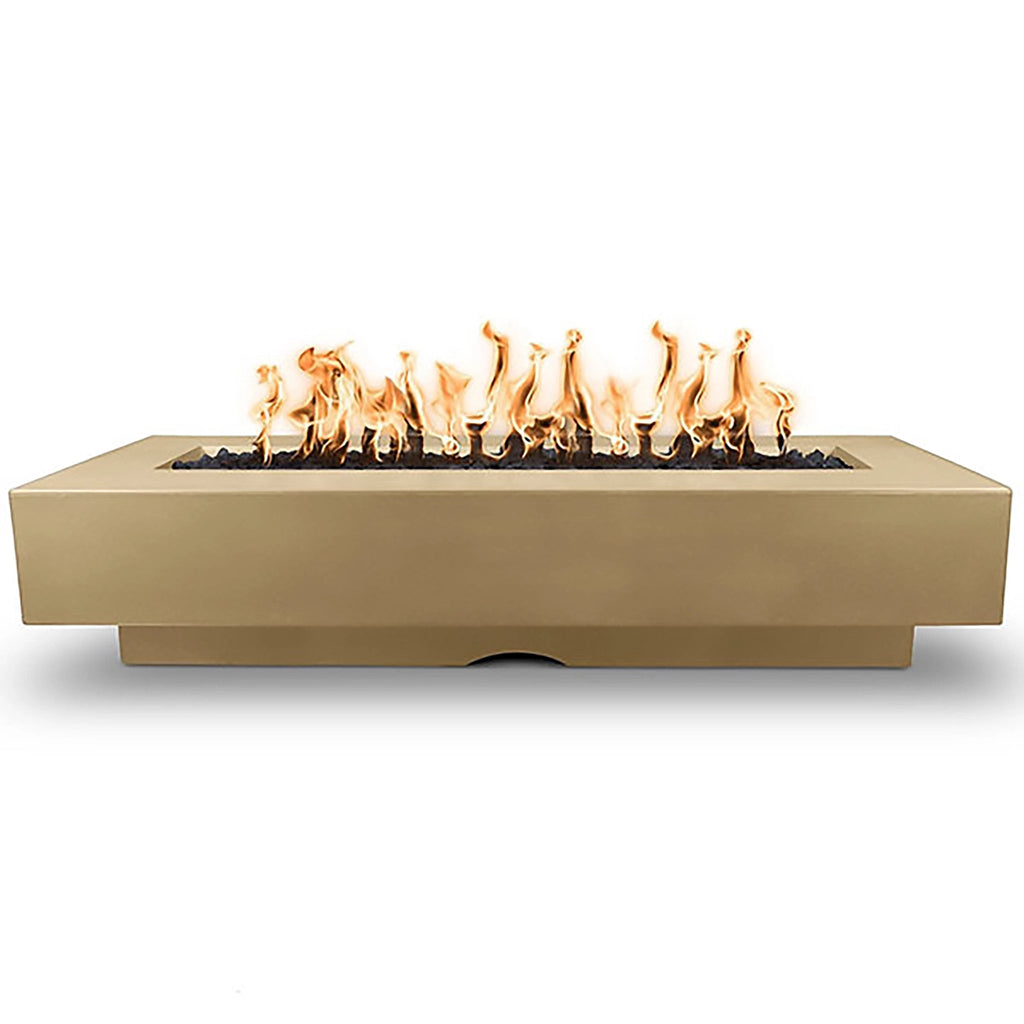 The warm and inviting Outdoor Plus 96" Del Mar Concrete Gas Fire Pit in Brown finish. This stylish gas fire pit features a durable concrete frame, a rectangular design with a wide flame trough, and is perfect for enhancing outdoor living areas.

