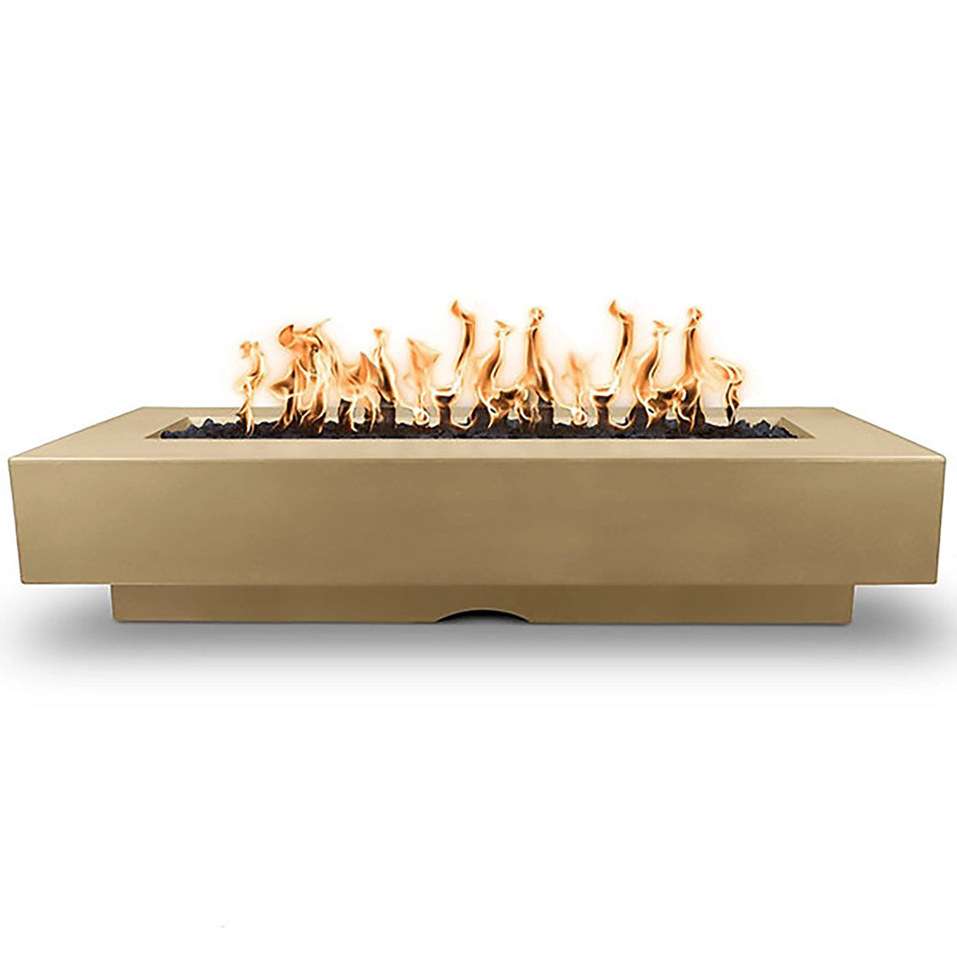 The warm and inviting Outdoor Plus 96" Del Mar Concrete Gas Fire Pit in Brown finish. This stylish gas fire pit features a durable concrete frame, a rectangular design with a wide flame trough, and is perfect for enhancing outdoor living areas.

