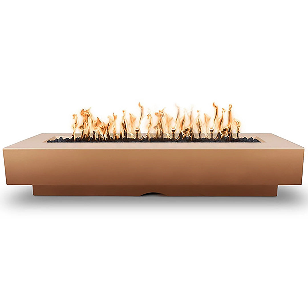 The stylish and contemporary Outdoor Plus 96" Del Mar Concrete Gas Fire Pit in Copper finish. This rectangular gas fire pit features a solid concrete base, a wide flame trough, and a warm metallic tone, perfect for modern outdoor living areas.