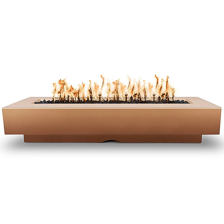The stylish and contemporary Outdoor Plus 96" Del Mar Concrete Gas Fire Pit in Copper finish. This rectangular gas fire pit features a solid concrete base, a wide flame trough, and a warm metallic tone, perfect for modern outdoor living areas.