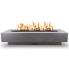 The Outdoor Plus 96-inch Del Mar Concrete Gas Fire Pit in Natural Gray, featuring a minimalist rectangular profile with a bold flame accent. Crafted from premium concrete, this elegant fire pit is built for outdoor durability and provides a stylish centerpiece for patios and outdoor lounges.