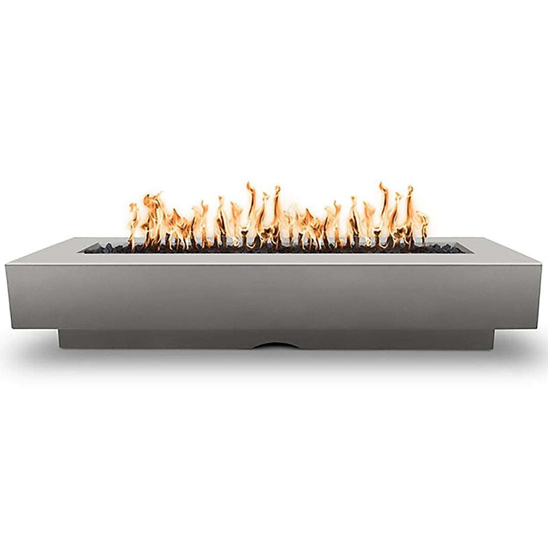 The Outdoor Plus 96-inch Del Mar Concrete Gas Fire Pit in Silver, designed with a contemporary rectangular shape and luminous flame display. This fire pit offers high-quality craftsmanship and adds a modern touch to outdoor patios and entertaining spaces.