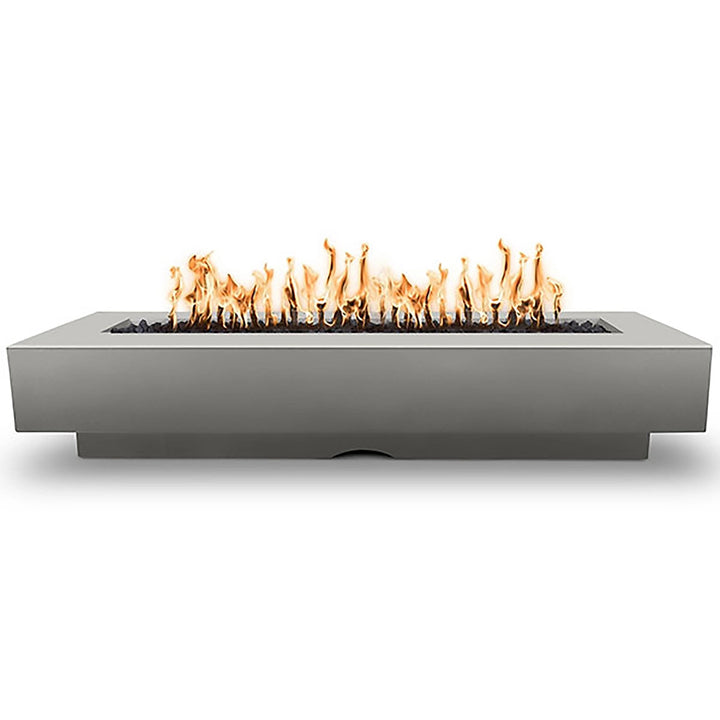 The Outdoor Plus 96-inch Del Mar Concrete Gas Fire Pit in Silver, designed with a contemporary rectangular shape and luminous flame display. This fire pit offers high-quality craftsmanship and adds a modern touch to outdoor patios and entertaining spaces.