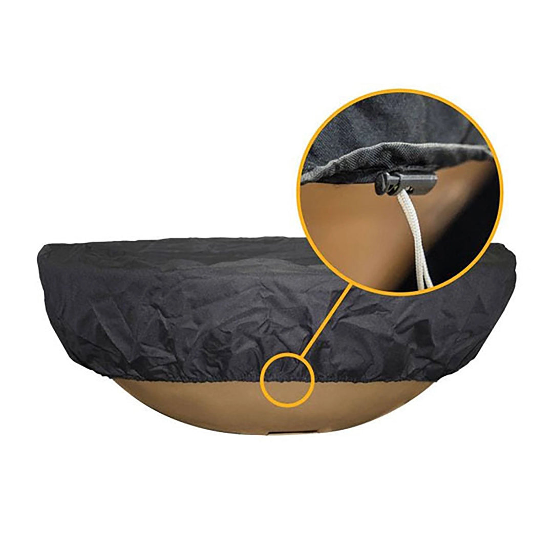 Close-up detail view of The Outdoor Plus round bowl fire pit cover, showcasing the secure elastic drawstring and toggle clip design that ensures a snug fit around the bowl rim. Made from heavy-duty, weather-resistant black fabric, this cover provides excellent protection against rain, dust, and UV rays for your outdoor fire pit. Ideal for maintaining your fire pit's appearance and extending its lifespan. 