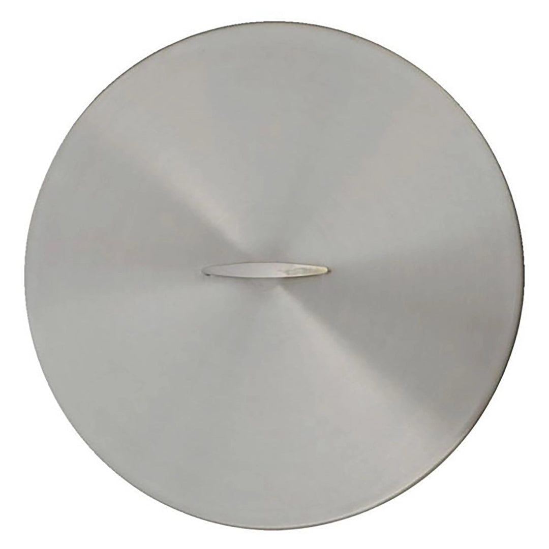 The Outdoor Plus Round Stainless Steel Burner Cover, featuring a brushed finish and a 23-inch diameter, shown against a plain background. The cover is made from premium stainless steel, ensuring durability and rust resistance, making it ideal for protecting outdoor fire pit burners. Perfect for modern patio fire pits, the cover’s sleek design offers both protection and aesthetic appeal.