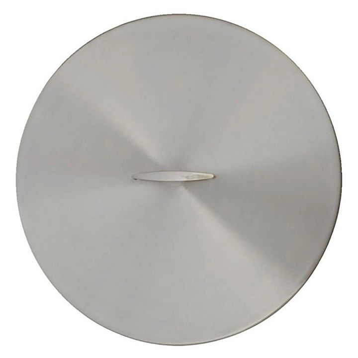 The Outdoor Plus Round Stainless Steel Burner Cover, featuring a brushed finish and a 23-inch diameter, shown against a plain background. The cover is made from premium stainless steel, ensuring durability and rust resistance, making it ideal for protecting outdoor fire pit burners. Perfect for modern patio fire pits, the cover’s sleek design offers both protection and aesthetic appeal.