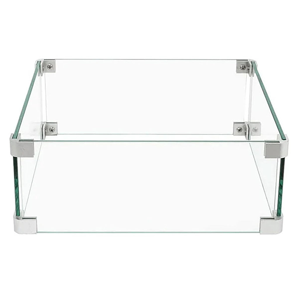 Clear silo view of The Outdoor Plus 20"x20" Square Tempered Glass Wind Guard with polished tempered glass panels and stainless steel hardware. Designed for durability and elegance, this wind guard shields outdoor fire pits from wind while allowing unobstructed views of the fire, enhancing the safety and functionality of outdoor fire features.