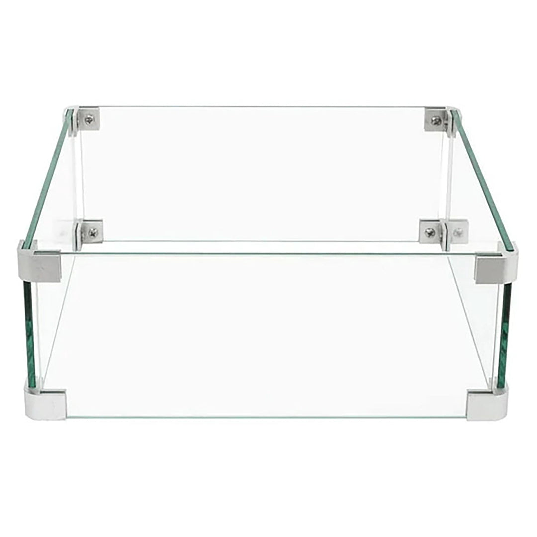 Clear silo view of The Outdoor Plus 20"x20" Square Tempered Glass Wind Guard with polished tempered glass panels and stainless steel hardware. Designed for durability and elegance, this wind guard shields outdoor fire pits from wind while allowing unobstructed views of the fire, enhancing the safety and functionality of outdoor fire features.