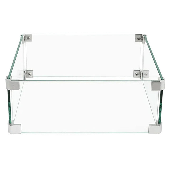 Clear silo view of The Outdoor Plus 20"x20" Square Tempered Glass Wind Guard with polished tempered glass panels and stainless steel hardware. Designed for durability and elegance, this wind guard shields outdoor fire pits from wind while allowing unobstructed views of the fire, enhancing the safety and functionality of outdoor fire features.