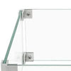 Close-up view of The Outdoor Plus 20"x20" Square Tempered Glass Wind Guard corner, featuring polished glass edges secured with stainless steel brackets for outdoor fire pit protection. Ideal for safeguarding flames from wind while adding a sleek, modern touch to outdoor fire pit settings. Durable tempered glass with premium finish.