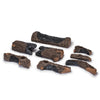 24-inch Real Fyre Vented Charred Oak Gas Logs disassembled set, showcasing each log's realistic charred texture and detailed oak grain. This set includes multiple log pieces designed for vented gas fireplaces, offering an authentic wood-burning appearance. Ideal for creating a warm, inviting ambiance in any fireplace.