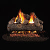 A front view of the Vented Designer Plus Gas Logs Golden Oak by Real Fyre, displaying a beautiful roaring fire with perfectly arranged oak logs. The vibrant flames reflect the lifelike detail of the logs, enhancing the cozy atmosphere. Ideal for those seeking a natural-looking gas log set for their home.