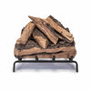 The Real Fyre Vented Designer Plus Gas Logs in Split Oak, 18 inches, arranged on a black metal grate. This gas log set features highly realistic bark and split wood textures, creating a natural look for vented gas fireplaces. Ideal for enhancing the ambiance of a traditional fireplace, this set adds warmth and a classic charm.
