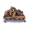 Real Fyre Vented Designer Plus Gas Logs in Split Oak, 24 inches, carefully arranged on a black metal grate. The split wood design showcases the detailed grain and bark, making it perfect for creating an authentic wood-burning fire experience. This vented log set brings a rustic touch to any fireplace.