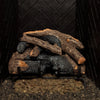 Real Fyre Vented Charred American Oak Gas Logs 18 inch set, meticulously stacked in a fireplace with natural charred detailing and intricate wood grain, creating a highly realistic fire aesthetic. Ideal for vented gas log fireplaces.
