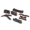 Disassembled 24-inch Real Fyre Vented Charred American Oak Gas Logs set, showcasing individual log pieces with intricate charred textures and realistic oak bark details. Ideal for arranging in custom configurations to achieve a natural wood-burning look in a gas fireplace.