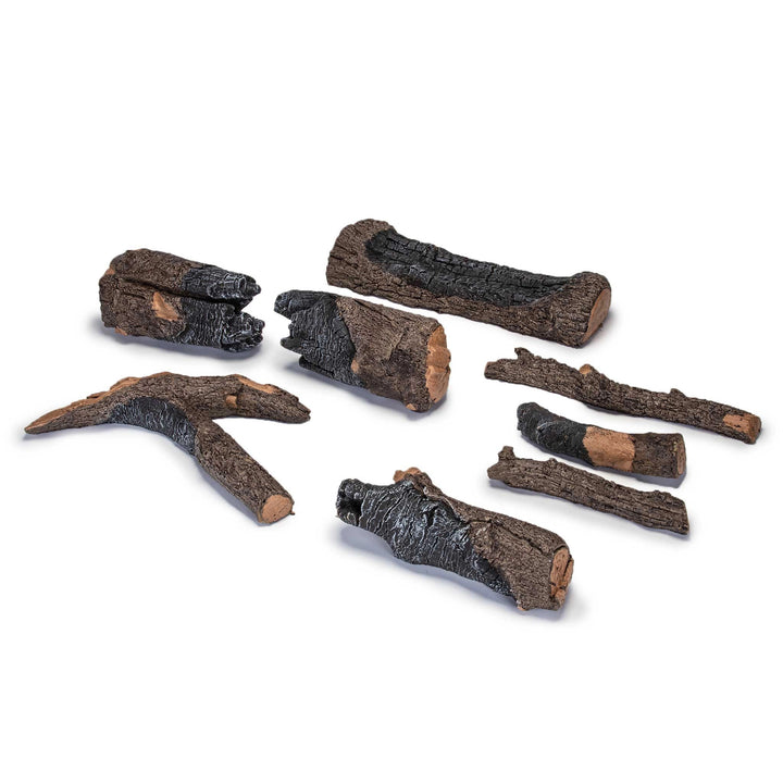 Disassembled 24-inch Real Fyre Vented Charred American Oak Gas Logs set, showcasing individual log pieces with intricate charred textures and realistic oak bark details. Ideal for arranging in custom configurations to achieve a natural wood-burning look in a gas fireplace.