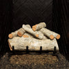 18-inch Mountain Birch vented gas logs by Real Fyre, unlit and arranged on a sturdy black grate. These logs feature highly detailed white birch bark, providing a realistic outdoor look for your gas fireplace. Designed for use in both natural gas and propane fireplaces, perfect for adding a touch of nature indoors.