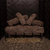 Real Fyre 24-inch Post Oak vented gas logs arranged on a black grate, featuring realistic bark textures for a natural gas fireplace when not in use.