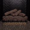Real Fyre Post Oak vented gas logs, 30 inches, arranged on a grate in a dark fireplace. Realistic design replicates natural oakwood detail.