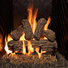 Real Fyre 18-inch Rustic Oak vented gas logs burning with vivid, lifelike flames. Perfect for enhancing warmth and ambiance in natural gas fireplaces with realistic log textures.