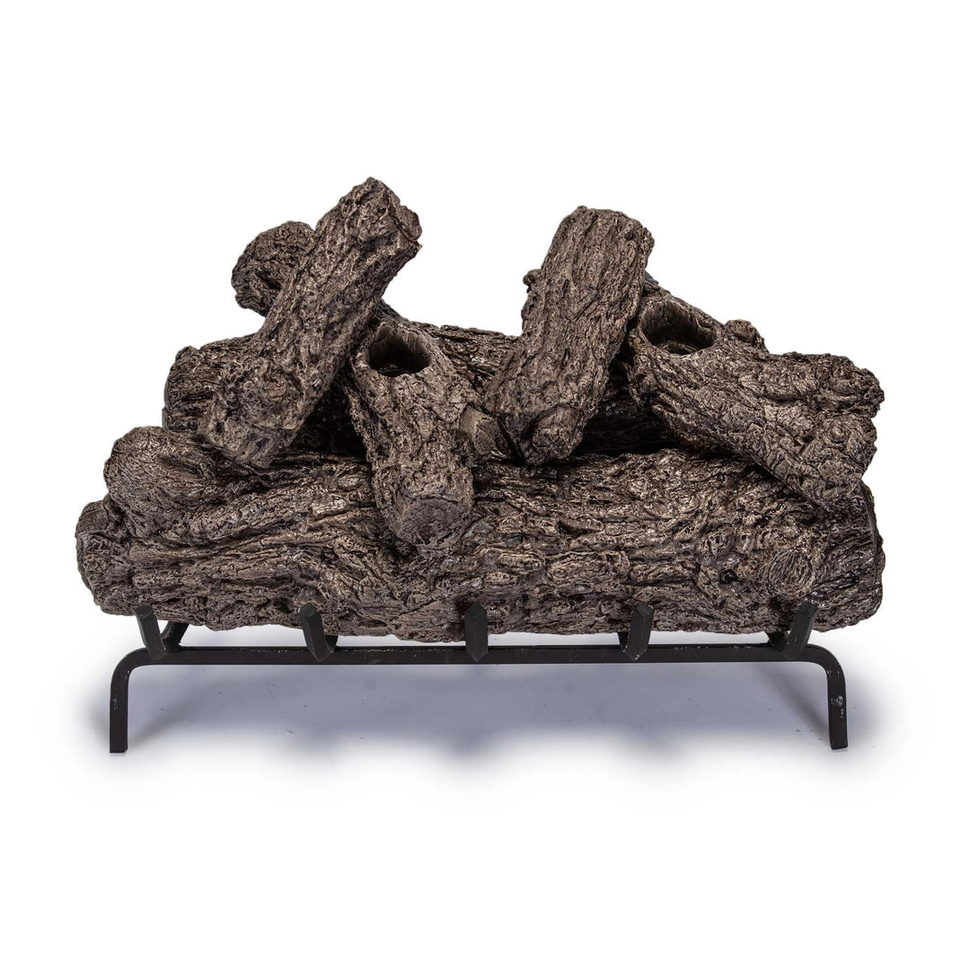 Real Fyre 24-inch Rustic Oak vented gas logs with a realistic bark texture and sturdy grate, ideal for enhancing natural gas fireplaces with a classic wood-burning look