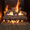 Real Fyre 30-inch Rustic Oak vented gas logs glowing with vibrant flames, showcasing a realistic wood appearance and adding warmth to any natural gas fireplace.