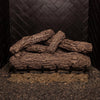 Real Fyre 36-inch Rustic Oak vented gas logs arranged on a black grate. Features realistic textures, perfect for natural gas fireplaces when not in use with active flames.
