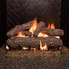 Real Fyre 42-inch Rustic Oak vented gas logs burning with vibrant flames, offering realistic textures and a warm ambiance. Perfect for large natural gas fireplaces with a classic design.