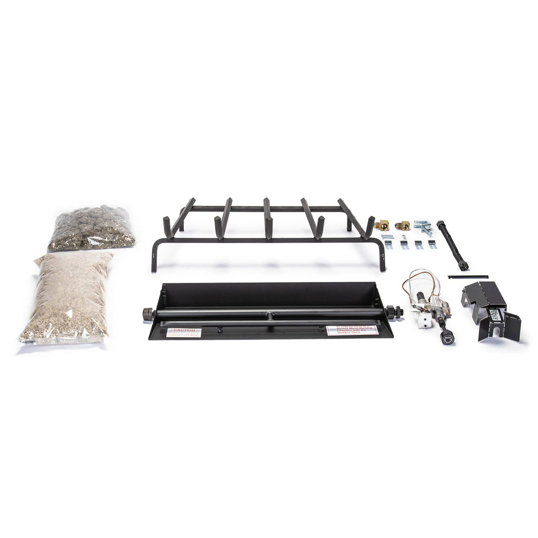 Real Fyre Vented GX45 Fireplace Burner, 24 inches propane gas, shown with valve control kit and complete installation hardware. Set includes a propane burner, fireplace grate, valve, propane gas fittings, sand, lava granules, and assembly hardware. Ideal for propane fireplaces, offering a high-performance flame output and safe, controlled ignition for 24-inch gas logs.