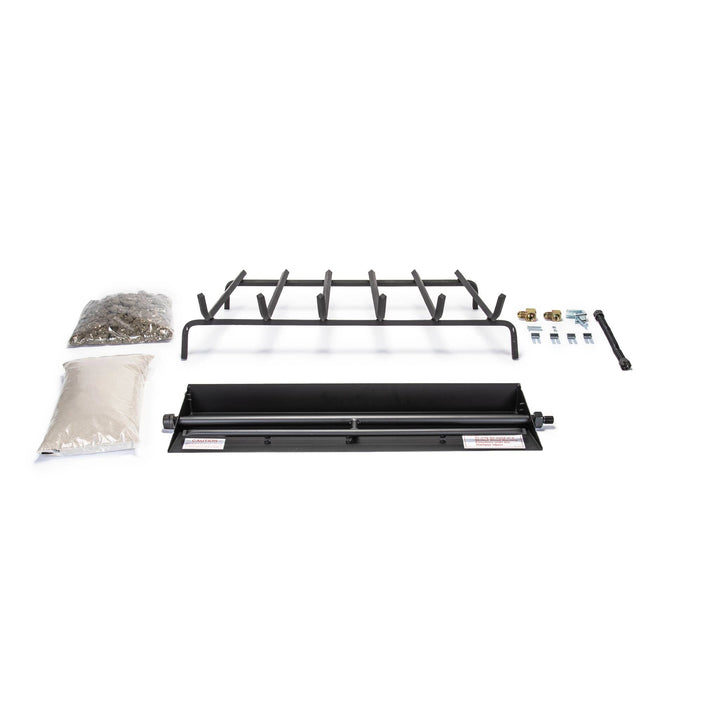 Real Fyre Vented GX45 Fireplace Burner, 30 inches natural gas complete burner system. Includes burner, fireplace grate, lava granules, sand, gas fittings, and necessary installation hardware. Perfect for natural gas fireplaces, enhancing flame aesthetics and heat distribution for 30-inch gas logs, offering a traditional fireplace experience